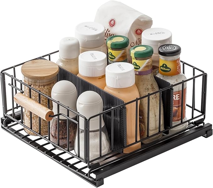 Baffect Pull-Down Cabinet Organizer, 20° Sloping Drop Down Spice Rack with 2 Adjustable Dividers, Heavy-Duty Sliding Out Storage Basket for Pantry/Cupboard/Upper Cabinet (Metal, Black)
