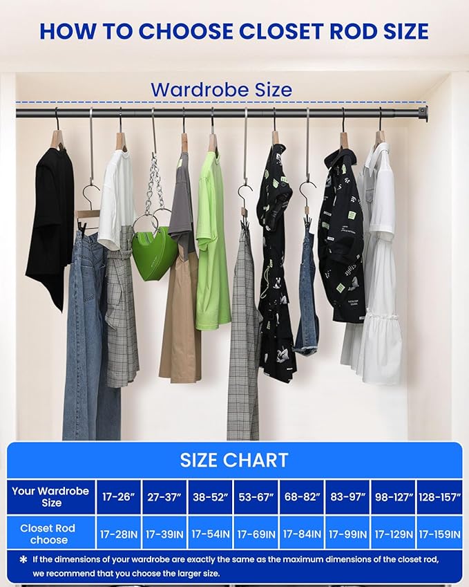 2 PACK Closet Rods for Hanging Clothes, 17 to 39 Inches Stepless Adjustable Metal Closet Rod, 1.3 Inches Heavy Duty Clothes Hanging Rod for Closet Wardrobes Laundry RV
