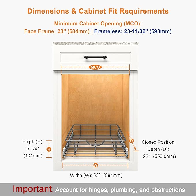 ALINE FURNITURE Pull Out Cabinet Organizer - 23" W x 22" D Soft Close Pullout Shelves for Kitchen Cabinets - Slide Out Drawers, Heavy Duty Steel Wire