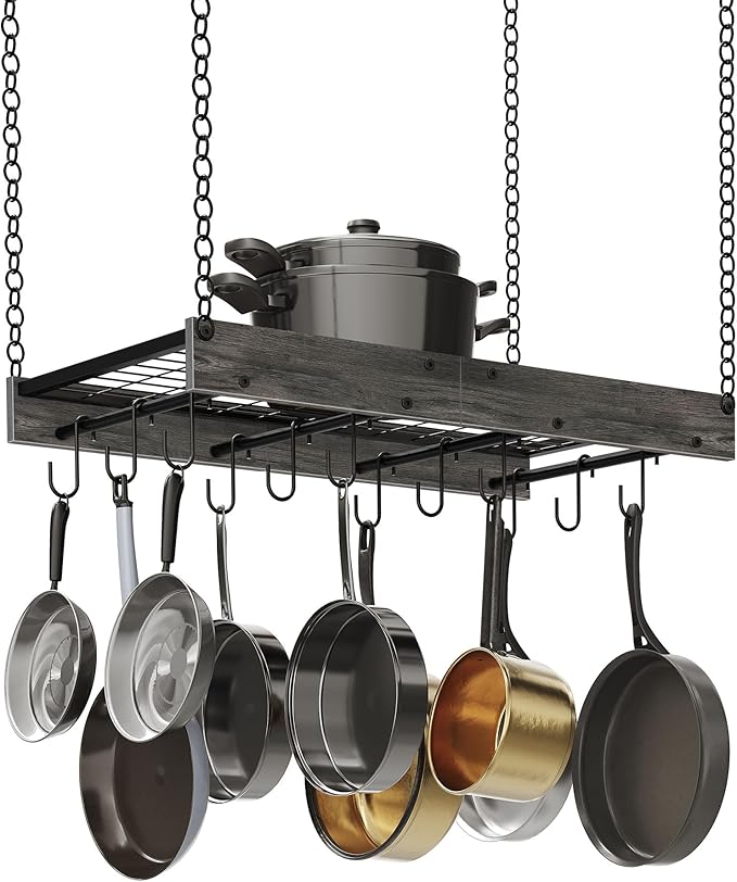 Hanging Pot Rack, Ceiling Mounted Pot Hanger, Vintage Pot Rack for Kitchen, Pot Storage Organizer, with 12 S-Shaped Hooks, for Cookware Storage, Space Saving, Charcoal Black and Black TPR01BC