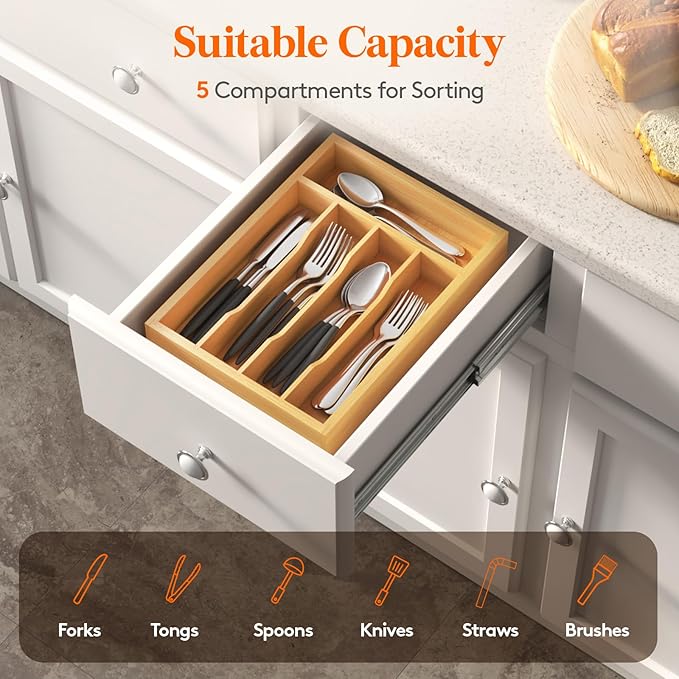 Lifewit Silverware Drawer Organizer Tray, Bamboo Cutlery Storage for Kitchen Drawer, 5 Compartment Flatware and Utensil Holder Divider for Spoons Forks Knives Tableware, Natural