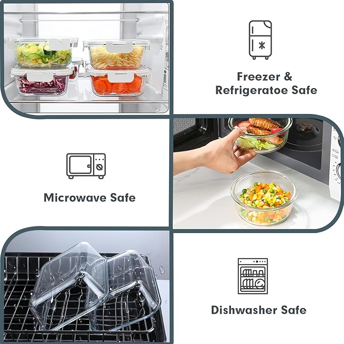 VERONES 30 Pieces Glass Meal Prep Containers Set, Stackable Glass Food Storage Containers with Lids-Airtight Glass Lunch Containers,for Microwave, Oven, Freezer & Dishwasher,White