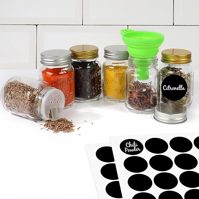 CycleMore 15 Pcs Glass Mason Spice Jars 4oz Empty Spice Bottles with Blank Labels and Shaker Lids, Gold Airtight Metal Caps, Chalk Marker and Collapsible Funnel Included