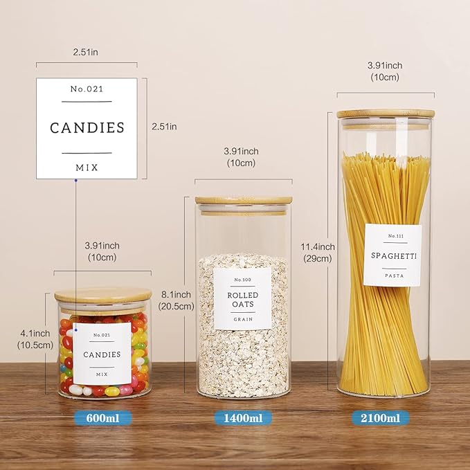 5 Pcs Glass Food Storage Containers With 132 Pantry Labels Preprinted - Thicken(3mm) Jars Airtight Bamboo Lid Stackable Kitchen Canisters Set For Candy, Cookie, Rice, Sugar, Flour
