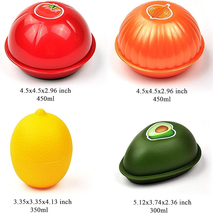 4 Pack Fruit and Vegetable Storage Containers Set for Fridge, Avocado Saver Onion Storage Container Tomato and Lemon Keeper