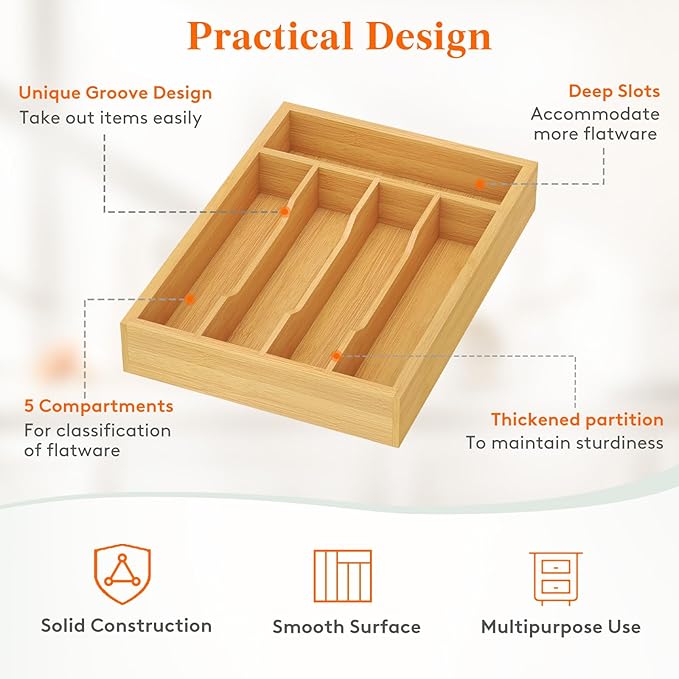 Lifewit Silverware Drawer Organizer Tray, Bamboo Cutlery Storage for Kitchen Drawer, 5 Compartment Flatware and Utensil Holder Divider for Spoons Forks Knives Tableware, Natural
