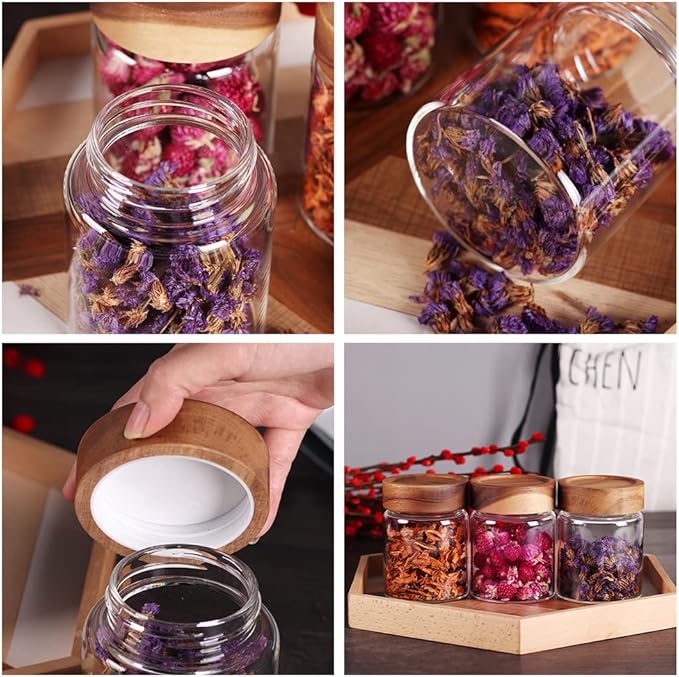SAIOOL 3 Packs Glass Food Storage Jars with Screw Airtight Seal Acacia Wood Lids,Spice Jars with Lids, Organization for Jars Bottles Containers Travel Gear, Sugar, Salt,Coffee, cookies,spices