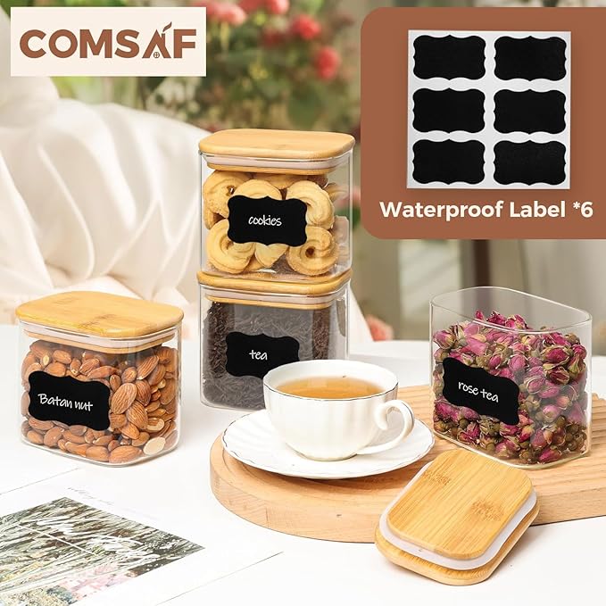 ComSaf 26oz Rectangle Glass Storage Containers with Lids, Glass Jars with Bamboo Lids, Clear Food Jar, Sugar Coffee Containers, Small Pantry Storage Container for Tea Candy Nuts Spices Oat