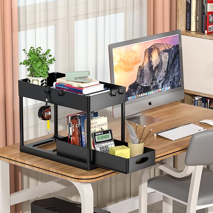 PUILUO Under Sliding Cabinet Basket Organizer, 2 Tier Under Sink Organizers Black Under Sink Storage for Bathroom Kitchen