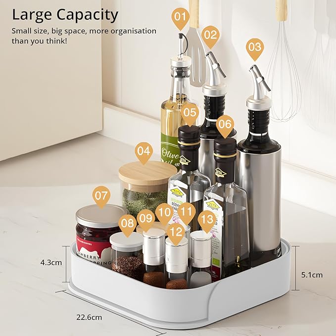 Semlos 9" Square Lazy Susan Turntable Cupboard Organizer for Corner Cabinet - Revolving Spice Rack for Kitchen Storage and Organization, Non-Slip Fridge Organiser