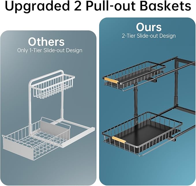 Delamu 2 Pack Under Sink Organizer and Storage, 2 Tier Pull Out Cabinet Organizer, Slide Out Under Sink Storage Shelf, Undersink Organizers Shelves for Kitchen Bathroom Pantry Organization