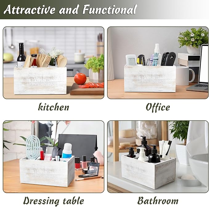 DRASTAR Silverware Caddy, Wooden Utensil Holder, Picnic Cutlery Holder,Retro White Silverware Holder, Plastic Silverware Caddy for Party, Countertop, Camping
