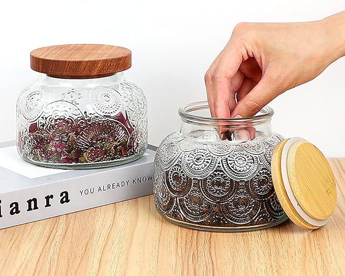 25oz Vintage Glass Jar with Lid, Embossed Glass Canister with Airtight Wooden Lid, Stackable Design for Kitchen Storage – Ideal for Coffee, Tea, Sugar, Flour, Cookies, and Grains