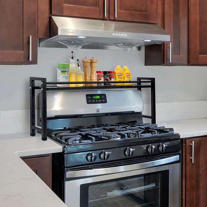 MyGift 33 Inch Wide Over The Stove Top Spice Shelf, Industrial Black Metal Stovetop Range Display Rack, Space Saving Kitchen Counter Storage Organizer Stand