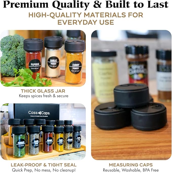 Glass Spice Jars & Measuring Caps Set - Twist Cap Measures 1/4 Tsp Container Keeps Spices Fresh & Organized - 4oz Spice Jars with Lids Includes Labels & Funnel -12 Pack