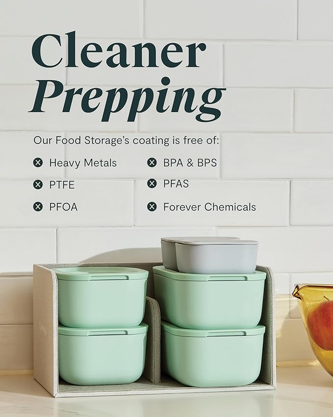 Caraway 6pc Glass Food Storage Set – 4.4 Cup Food Containers (6) - Ceramic Coated - Non Toxic, Non Stick with Lids - Microwave Safe - Sage