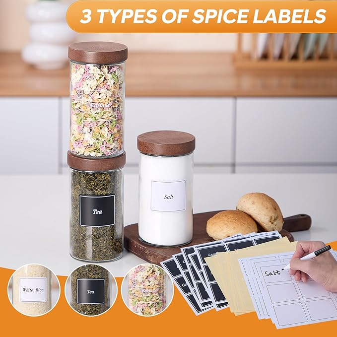 Glass Storage Jars with Labels, 6 Pack -24oz Clear Glass Food Storage Containers with Airtight Acacia Lid,Kitchen Canisters for Candy,Cookie,Rice,Sugar,Flour,Pasta,Nuts and Spice Jars