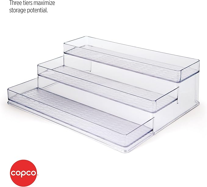 Copco 3 Tier Clear Stadium Organizer with Deep Shelves Versatile Storage for Spices Pantry and Supplies Durable Plastic 3.75 Inch Shelves