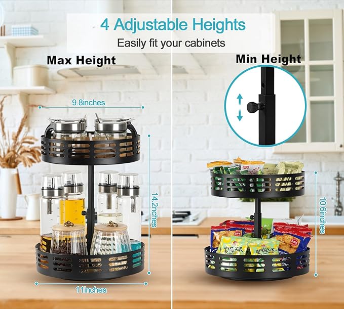 Lazy Susan Organizer,4 Adjustable Heights Lazy Susan Turntable for Cabinet,2-Tier Snack Organizer for Pantry Shelf,Rotating Spice Rack,Wood Condiment Seasoning Organizer for Spices, Makeup,Snack