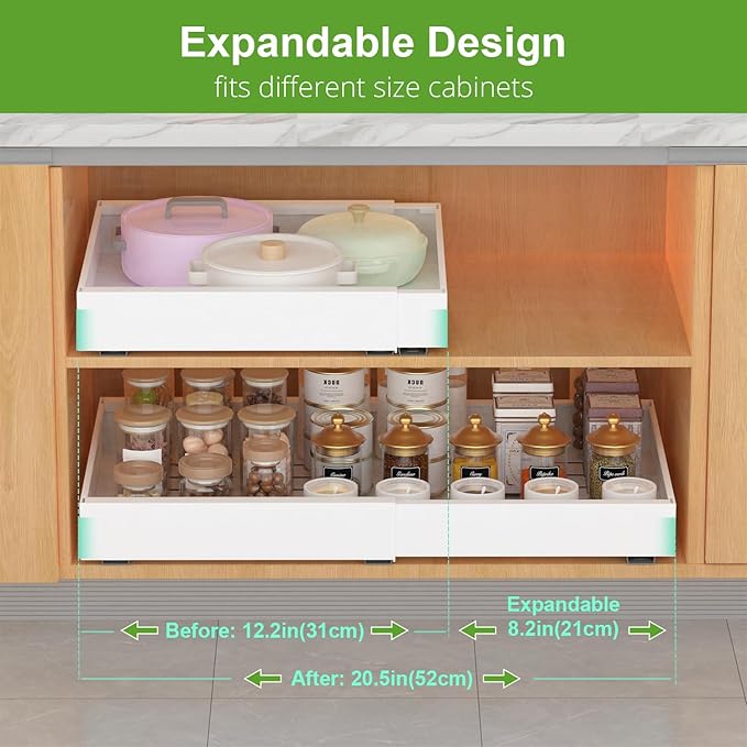 Pull out Cabinet Organizer, Expandable(12.2"-20.5") Heavy Duty Slide Out Drawers, Fixed with Adhesive Nano Film or Screw, Roll out Shelf Storage for Kitchen Base Cabinet Organization(21‘’Deep)