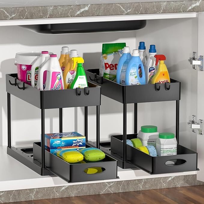 2 Pack Under Sink Organizers and Storage Bathroom, 2 Tier Under Sliding Kicthen Cabinet Basket Organizer with Hooks, Hanging Cup, Dividers, Handles, Multi-purpose Under Sink Shelf Organizer