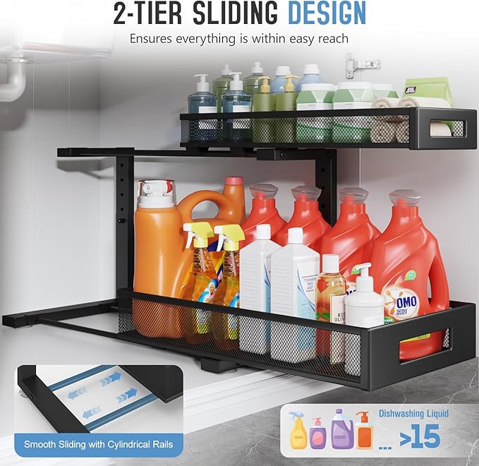 1 Pack 20.47IN Depth Under Sink Storage Organizer, Large 2-Tier Elegant Mesh Pull Out Shelf for Kitchen and Bathroom Cabinet Organization, L-Shaped and Adjustable Height Design-Black
