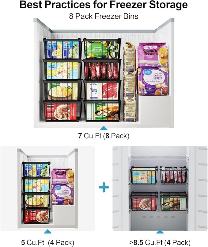 iSPECLE Chest Freezer Organizer Bins - 8 Pack Stackable Freezer Organizer for 5 to 7 Cu.Ft Freezer and Upright Freezer Over 8.5 Cu.Ft, Easy Get Food from Bottom, Add Extra Storage Space, Black