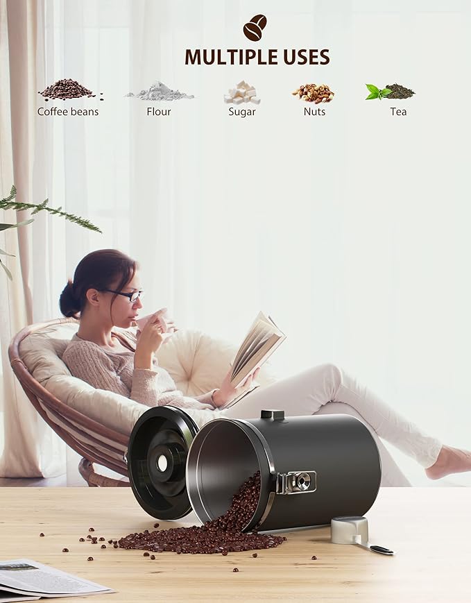 HAIOOU Airtight Coffee Canister Wood Grain, 16OZ Small Stainless Steel Coffee Bean Storage Container with Date Tracker, Measuring Scoop, CO2 Filter Valves for Beans Grounds - Walnut and Gray