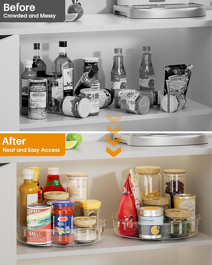 LAMU 2 Pack Lazy Susan Organizer 9.25 inch Lazy Susan Turntable for Cabinet, Rotating Spice Organization for Cabinet, Kitchen, Table Top, Countertop, Pantry Fridge Organizers and Storage, Clear