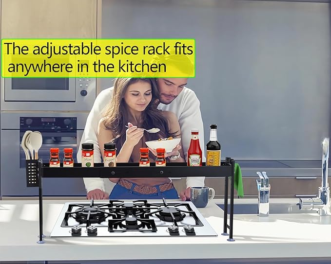 Over Stove Spice Shelf for Kitchen Spice Rack Organizer with Extra Black Basket and Hooks Great for Stove Top Shelf