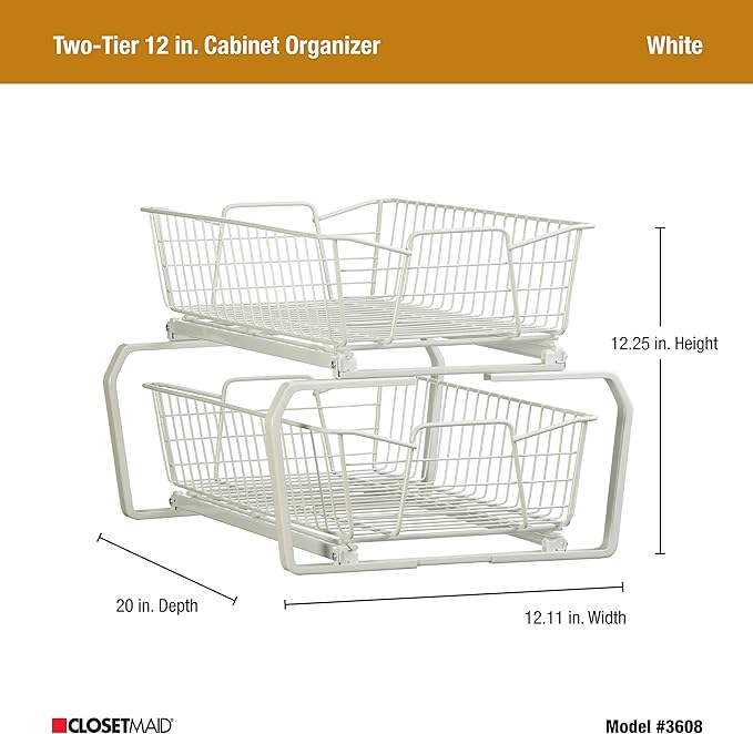 ClosetMaid Pull Out Cabinet Organizer 2, Heavy Duty, Slide Out Pantry Shelves Drawers for Kitchen, Bathroom, White, 11-Inch Two Tier