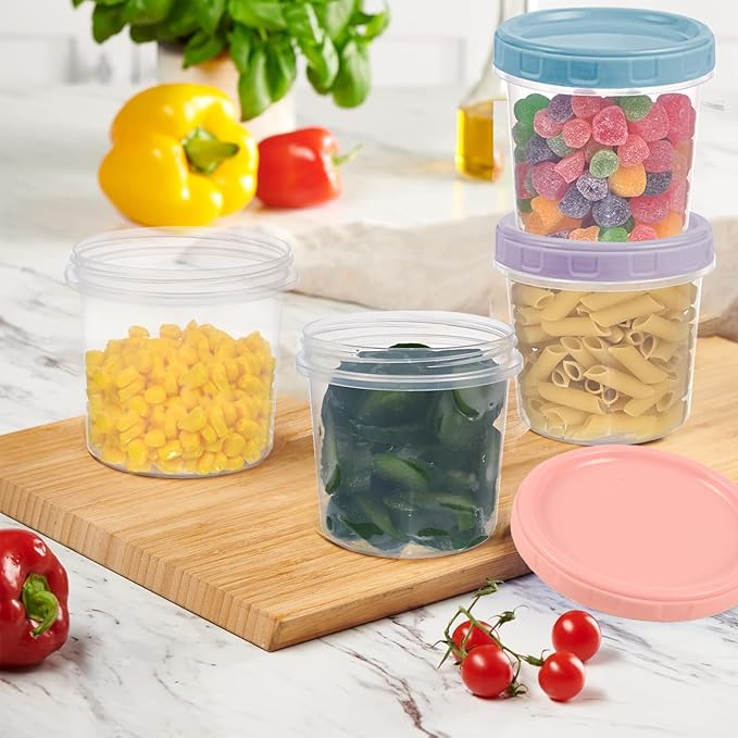 24pcs 16 oz Plastic Deli Containers with Screw Lids, Small Freezer Container Reusable 2 Cup Food Storage Container with Pen & Brush for Snack Salad Fruit, Microwave & Dishwasher Safe BPA Free