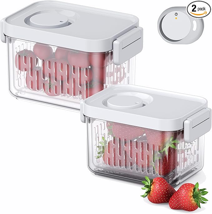 vacane Produce Containers with Lid and Colander, 3.8 Cup/900ml Clear Fruit Containers for Fridge Dishwasher Safe Berry Containers, BPA-Free Lettuce Keeper, Keep Food Fresh