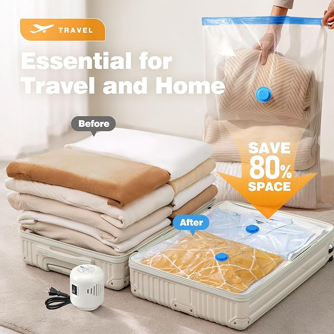 11 Pack Travel Vacuum Storage Bags with Electric Pump, 2 Jumbo+2 Large+3 Medium+4 Small Vacuum Sealer Bags, 80% Space Saver Bags for Luggage, Comforters,Blankets, Travel Essentials