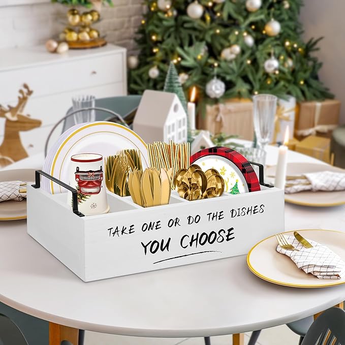 Ameuphercy Wood Paper Plate Holders for Kitchen Counter,Paper Plate Dispenser for Countertop, Rustic Silverware Utensil Caddy for Party,Wooden Plate Organizer Box for Cups Spoons and Forks