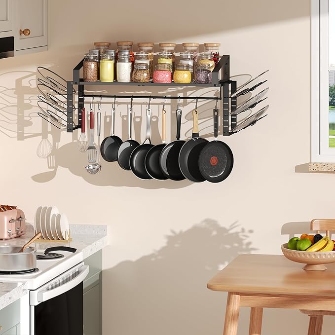 X-cosrack Hanging Pot Rack,Wall Mounted Pot and Pan Organizer with 12 S Hooks,Pot Hangers for Kitchen,Pots Pans Lids Organizer Cookware Hanging Shelves,Equipped with Anti-drop Enlarged Expansion Plugs