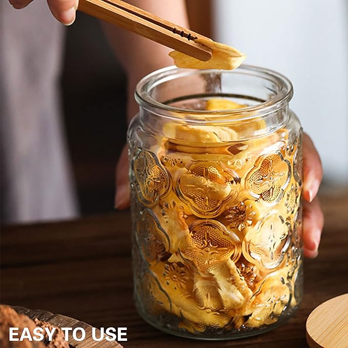 Glass Jar with Lid,4 PCS Airtight Glass Food Storage Container Set,Square Clear Glass Jars Wide Mouth Food Storage Canister with Wooden Lid for Sugar Coffee Beans Tea Spice Oats Snacks (450ML)