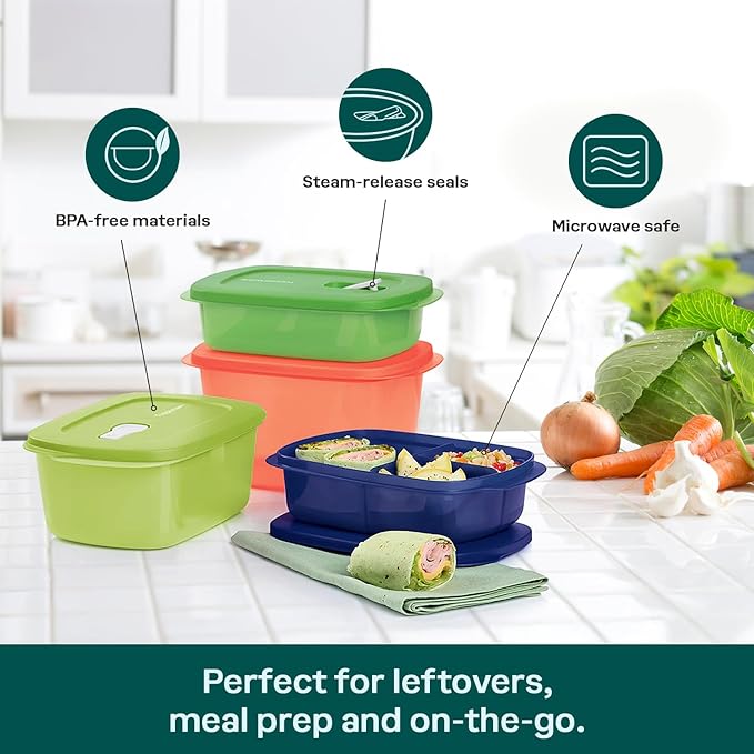 Tupperware CrystalWave 4 Piece Rectangular Food Storage Container Set in Multi Colors, Dishwasher Safe and BPA Free (4 Containers, 4 Lids)