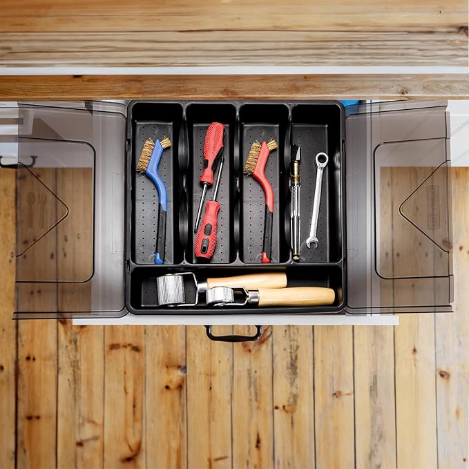 Dicuny Silverware Organizer with Lid, Covered Utensil Drawer Organizer Tray for Kitchen, 5 Compartments Plastic Black Cutlery Flatware Storage Box for Spoons Forks Knives, Office, RV, Countertop