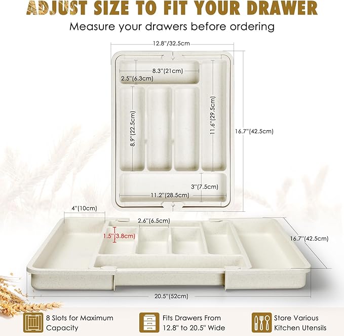 FANCILLA Silverware Organizer for Kitchen Drawers, Wheat Straw Large Expandable Utensil Drawer Organizer, BPA Free Adjustable Cutlery Holder, Dishwasher Safe Flatware Tray, 6-8 Slots (White)