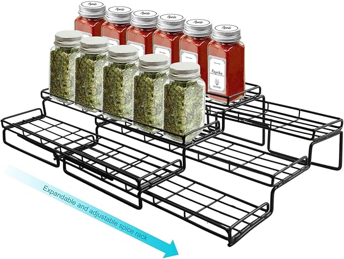 Expandable Spice Rack Set, 3 Tier Spice Rack Organizer for Cabinet Step Shelf Countertop Spice Storage Holder, Metal Seasoning Rack for Kitchen Cabinet Cupboard Pantry - Black