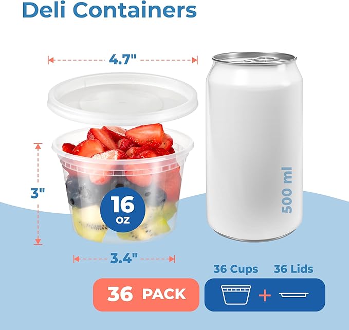 Fit Meal Prep 36 Pack 16 oz Deli Containers with Lids, US Made Airtight Leakproof Plastic Soup Container, Round Clear Pint Food Storage Containers for Takeout Restaurant, Microwave Freezer Safe