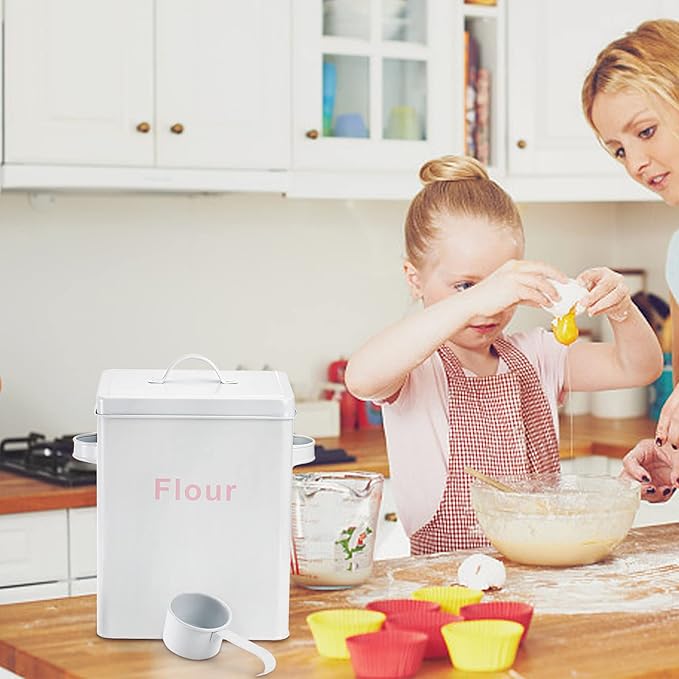 Youeon 200 Oz/25 Cup Metal Flour Storage Container with Airtight Lid and Measuring Scoop, Square Flour Canister with Handle, White Storage Canister for Kitchen Counter, Farmhouse Decor