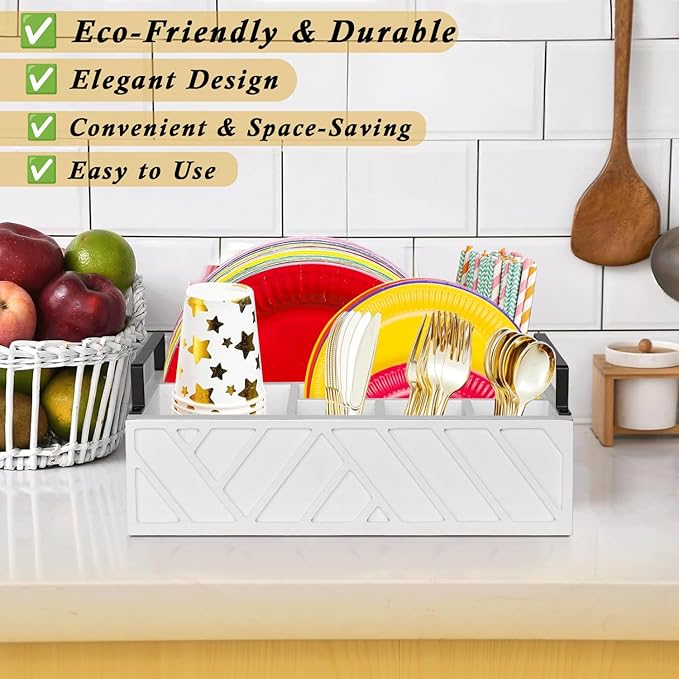 Paper Plate Dispenser, Paper Plate Holder for Kitchen Counter, Wood Rustic Silverware Utensil Caddy, Flatware Organizer with 6 Compartments- Plate Caddy for Picnic and Kitchen (White)