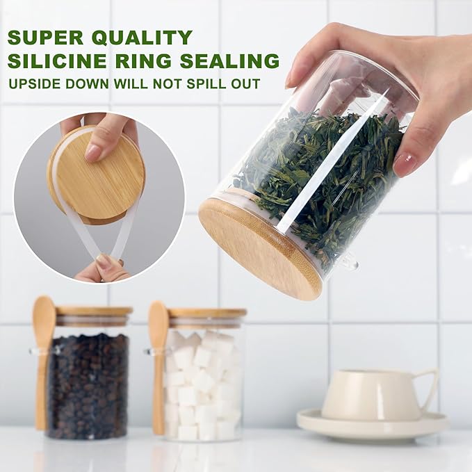 Sugar Jar Bath Salt Container – 17 oz Glass Jar with Bamboo Lid and Spoon, Sugar Cube Holder and Canister for Countertop, Glass Containers for Coffee Beans, Tea and Overnight Oats (4 Pack)