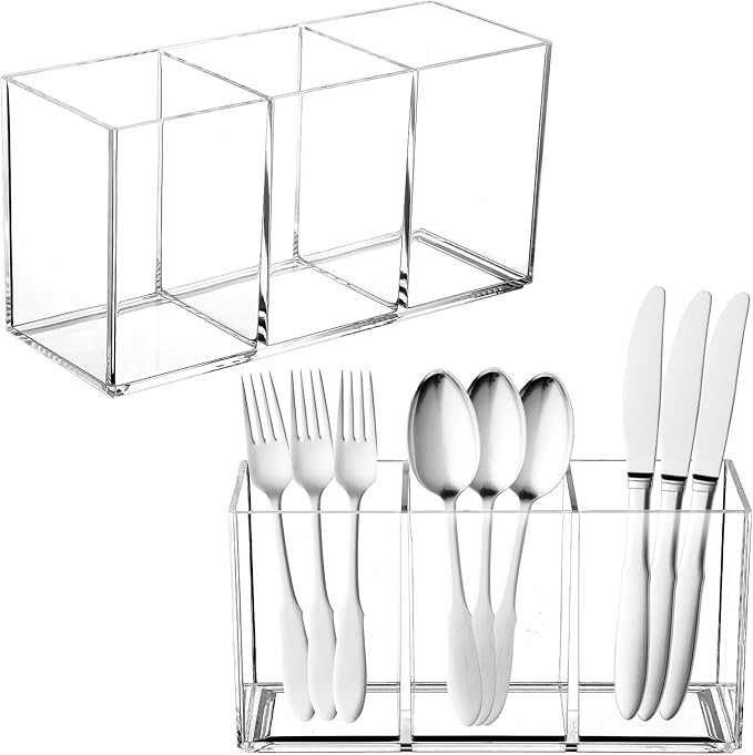 4 Pack Acrylic Cutlery Storage Organizer, Plastic Cutlery Utensil Holder Storage Organizer Caddy for Kitchen Countertop Organization - Holds Fork, Knife, Spoon, Silverware Tableware Storage Box