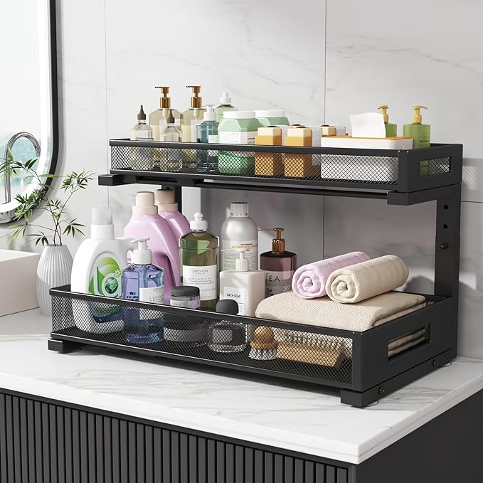 1 Pack 20.47IN Depth Under Sink Storage Organizer, Large 2-Tier Elegant Mesh Pull Out Shelf for Kitchen and Bathroom Cabinet Organization, L-Shaped and Adjustable Height Design-Black