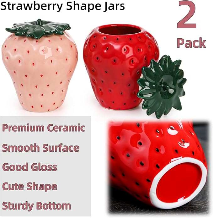 2 Pack Ceramic Strawberry Jars, Strawberry Shaped Canisters With Lids, Unique Multifunction Tea Storage Tin, Farmhouse Food Container for Sugar Biscuit, Strawberry Decor for Home, Red Pink