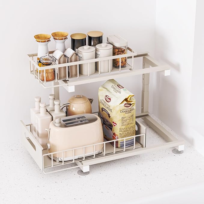 2 Pack Under Sink Organizer, 2-Tier Heavy Duty Metal Pull Out Cabinet Organizer Slide Out Sink Shelf Organizer Height Adjustable, Multi-Purpose Storage Shelf for Kitchen Bathroom (Sand, 2 Pack)