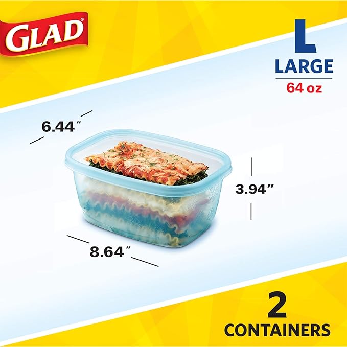 Gladware Freezerware Food Storage Containers, Large Rectangle Holds 64 Ounces of Food, 2 Count Set | Freezer Safe Containers to Store Food and Preserve Freshness | 6 Pack ( 12 Containers Total)